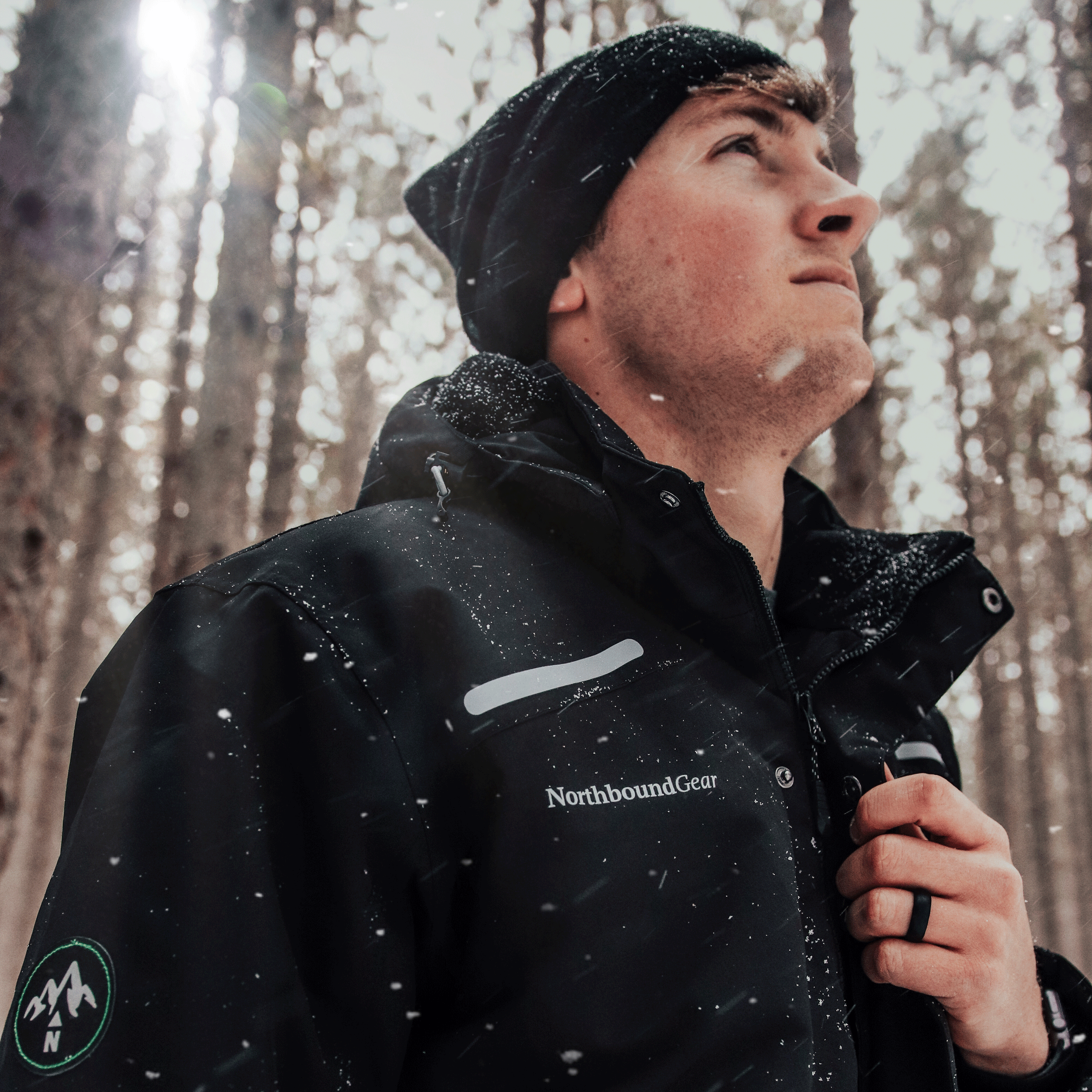 Northbound Gear men wearing collection in winter outdoor scene